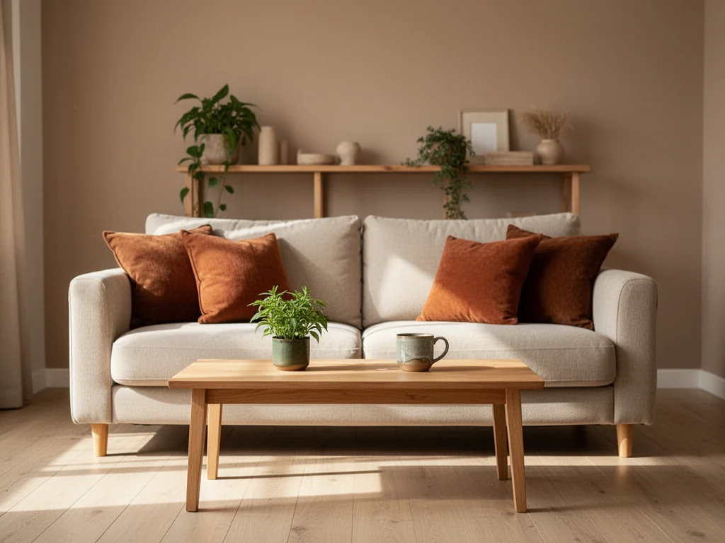 Przytulny salon w kolorach ziemi z beżową sofą, drewnianym stolikiem i roślinami, tworzący spokojną, naturalną atmosferę wnętrza.