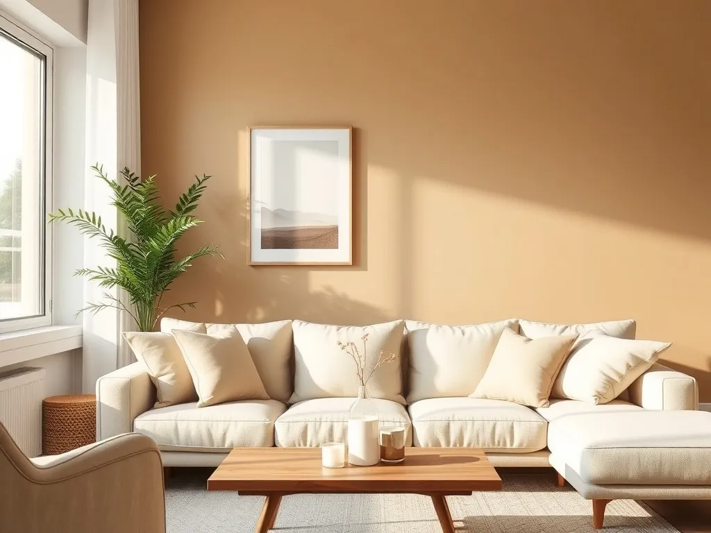 Przytulny salon w stylu skandynawskim z khaki ścianą akcentową, beżową sofą i drewnianym stolikiem w ciepłym, naturalnym świetle.