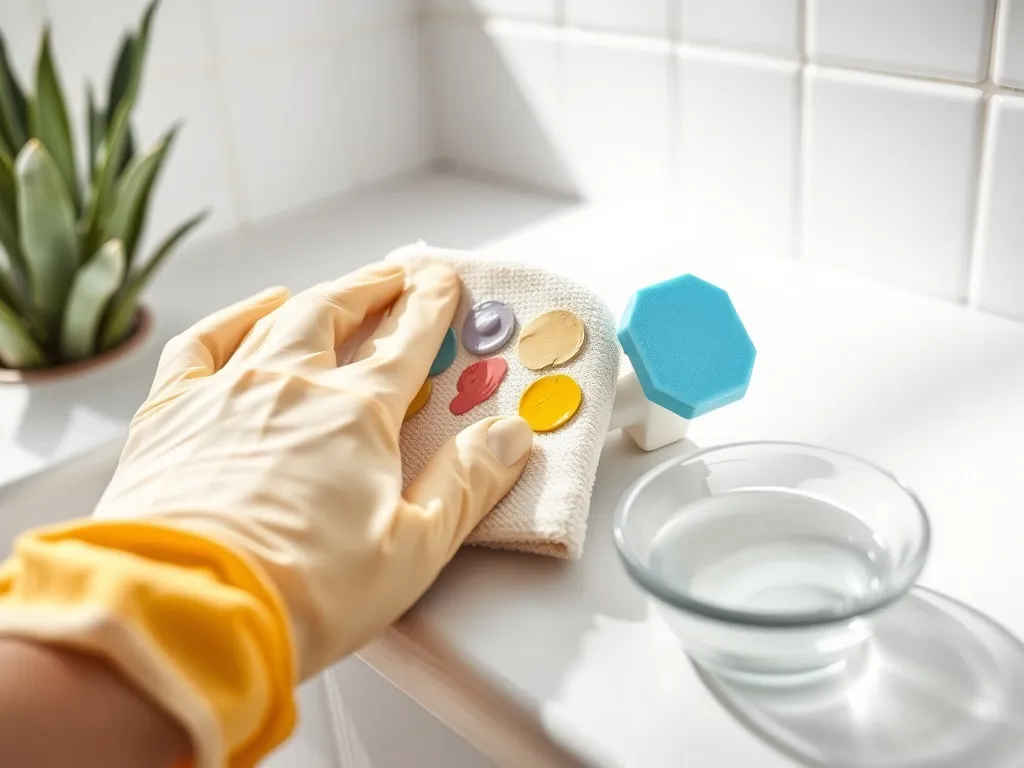 Dłoń w rękawiczce ściera kolorową farbę ceramiczną z białych płytek gąbką, obok miseczka z wodą i łagodnym mydłem.