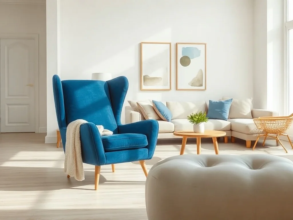 Przytulny salon w stylu skandynawskim z kobaltowym fotelem, beżową sofą i dodatkami w kolorze kobaltu.