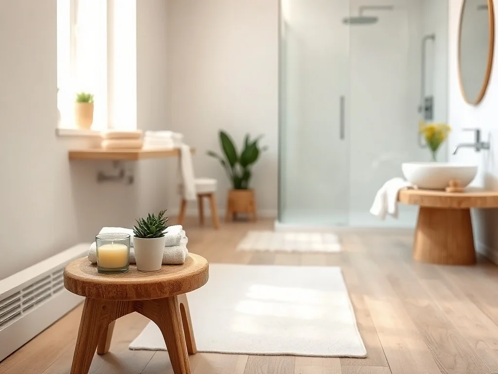 Jasna, nowoczesna łazienka z drewnianym stołkiem, ręcznikami i rośliną, tworząca przytulny, minimalistyczny wystrój spa.
