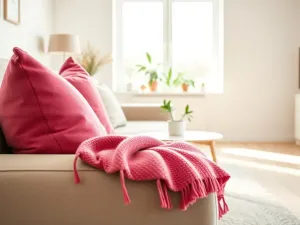 Salon z bordową ścianą, jasnoszarą sofą i beżowymi dodatkami, pokazujący harmonijne połączenie ciepłych, stonowanych kolorów.