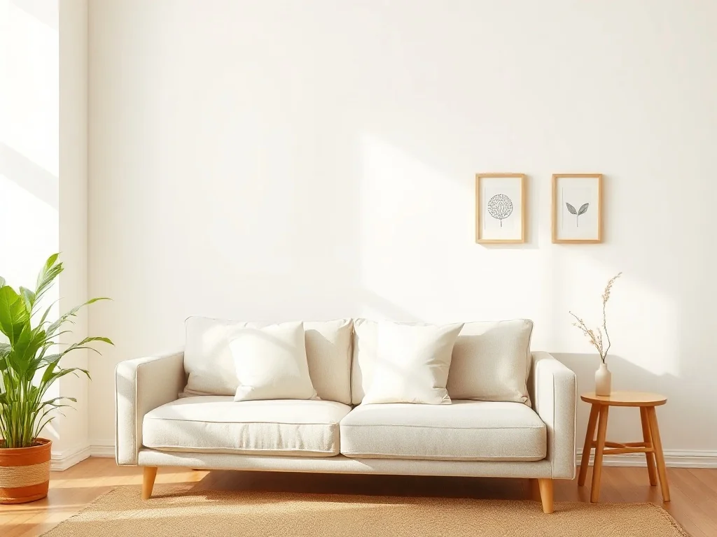 Przytulny salon z prostą sofą i białą ścianą ozdobioną tanimi girlandami DIY oraz minimalistycznymi obrazkami.