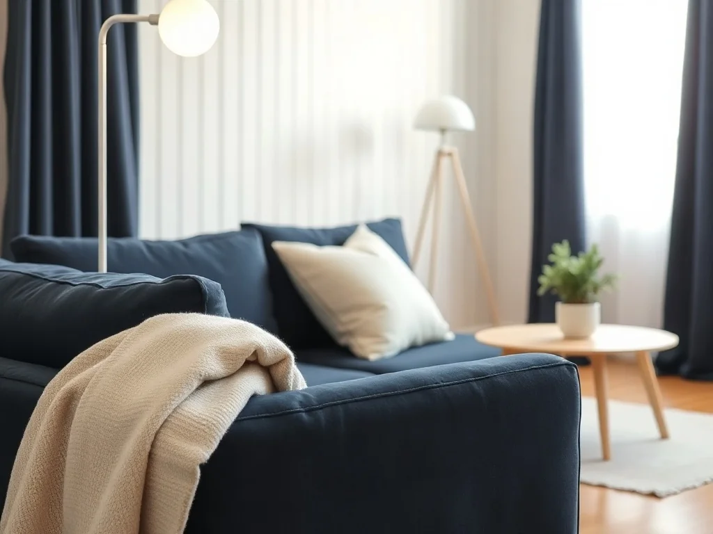 Granatowa welurowa sofa z jasnymi dodatkami w skandynawskim salonie, z zasłonami w kolorze navy blue i drewnianą podłogą.