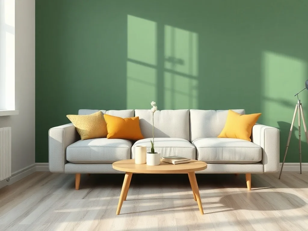 Przytulny salon w stylu skandynawskim: jasnoszara sofa i drewniany stolik na tle ściany w kolorze butelkowej zieleni.