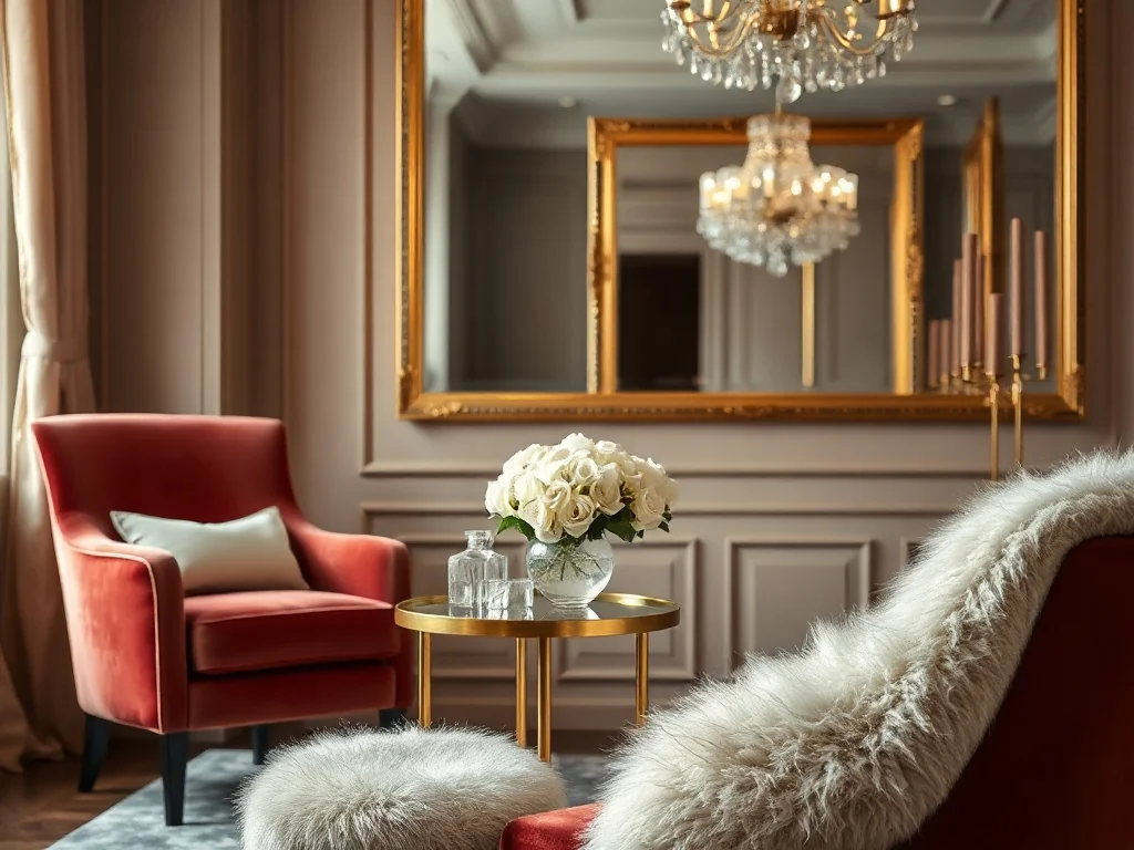 Elegancki kącik salonu glamour z welurowym fotelem, szklanym stolikiem na złotej ramie, kryształowym wazonem i lustrzaną oprawą
