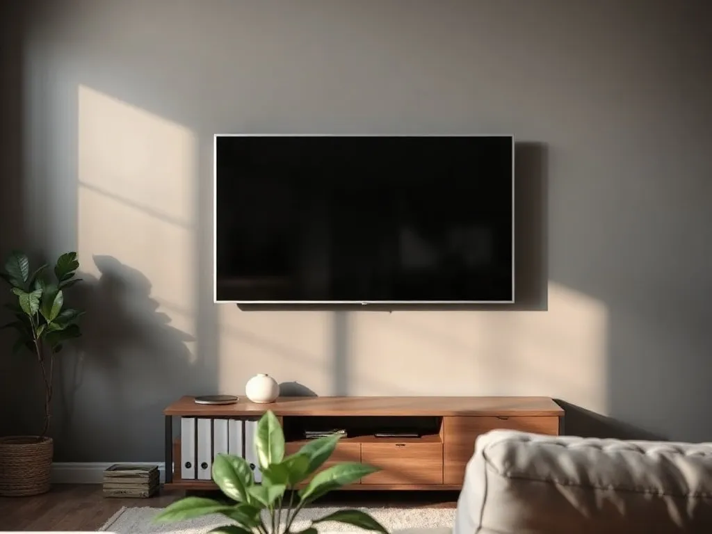 Salon z telewizorem na ciemnej ścianie akcentowej, jasne otoczenie i minimalistyczne dekoracje podkreślają elegancki wystrój.