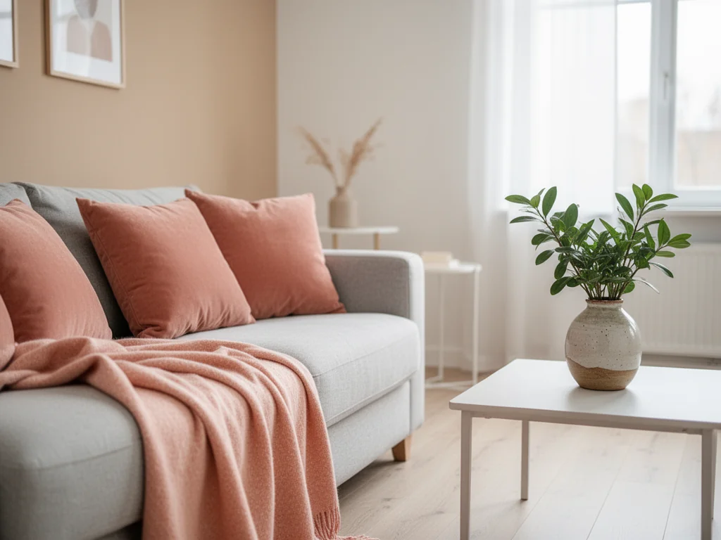 Nowoczesny salon w stylu skandynawskim z kanapą i poduszkami w kolorze łososiowym, pokazujący subtelne zastosowanie tego koloru.