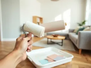 Skandynawski przedpokój z białą komodą, rośliną, lampą i miską na klucze, tworzący ciepłą, przytulną aranżację.