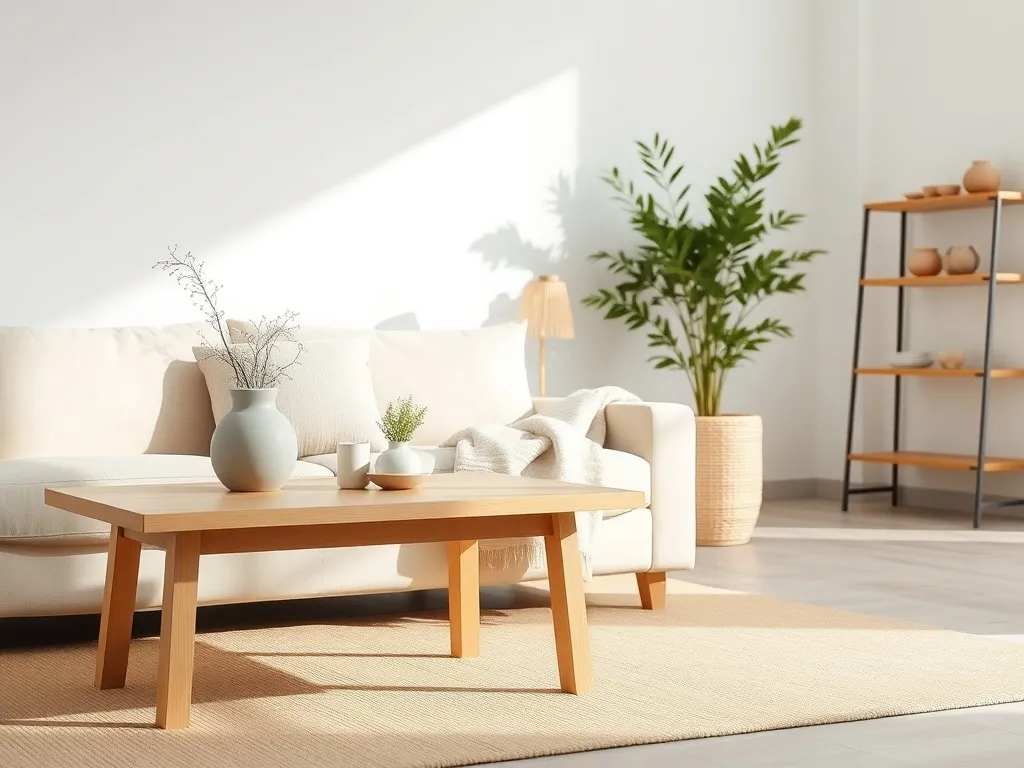 Jasny salon w stylu japandi z niską sofą, drewnianym stolikiem i roślinami, utrzymany w naturalnych, spokojnych kolorach.