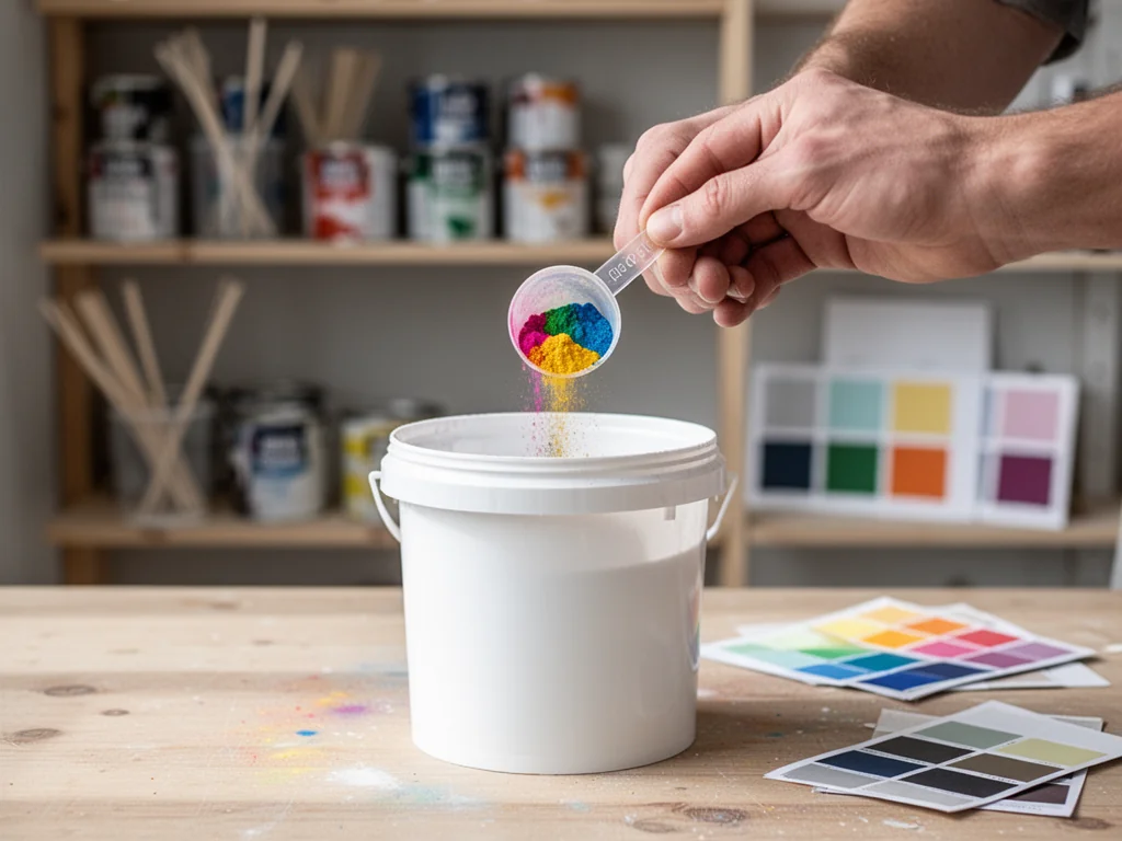 Dłoń wsypuje kolorowy pigment z miarki do wiadra białej farby, ilustrując praktyczne dozowanie barwnika.