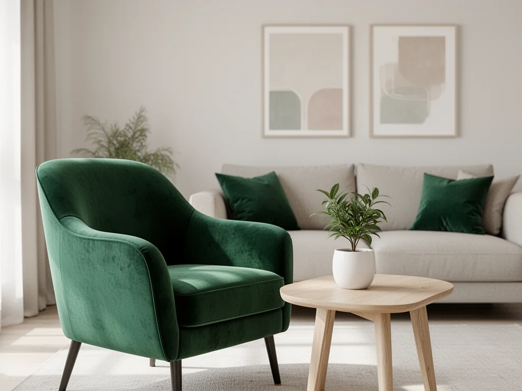 Nowoczesny salon w stylu skandynawskim z szmaragdowym fotelem, beżową sofą i dodatkami w kolorze szmaragdu