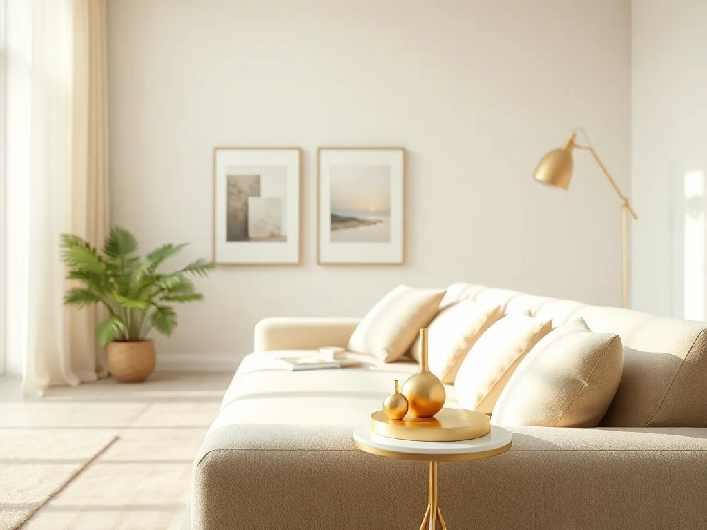 Jasny salon z beżową sofą i złotymi dodatkami na tle ciepłej, neutralnej ściany podkreślającej elegancję wnętrza.