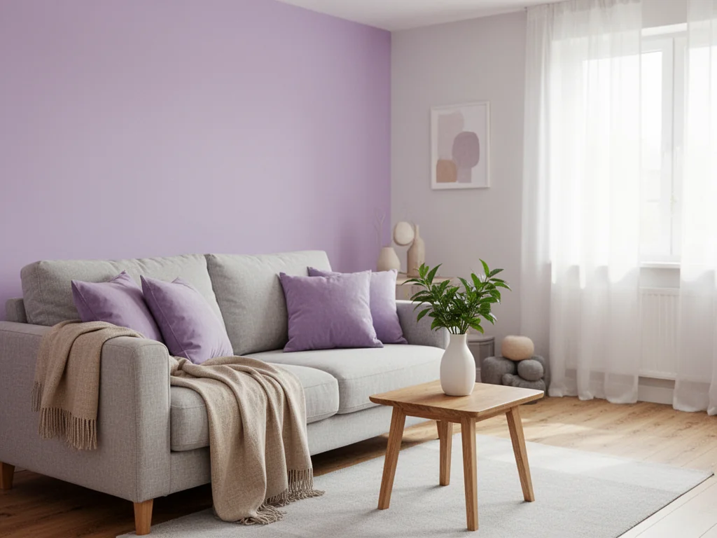 Przytulny skandynawski salon w lawendowych tonach z jasną sofą, drewnianym stolikiem i delikatną ścianą akcentową.