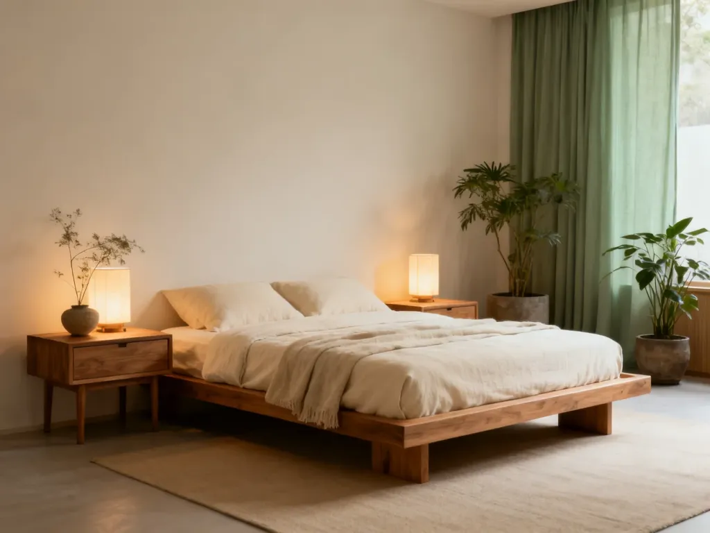 Sypialnia w stylu feng shui z niskim drewnianym łóżkiem, roślinami i ciepłym oświetleniem w kojących, naturalnych barwach.