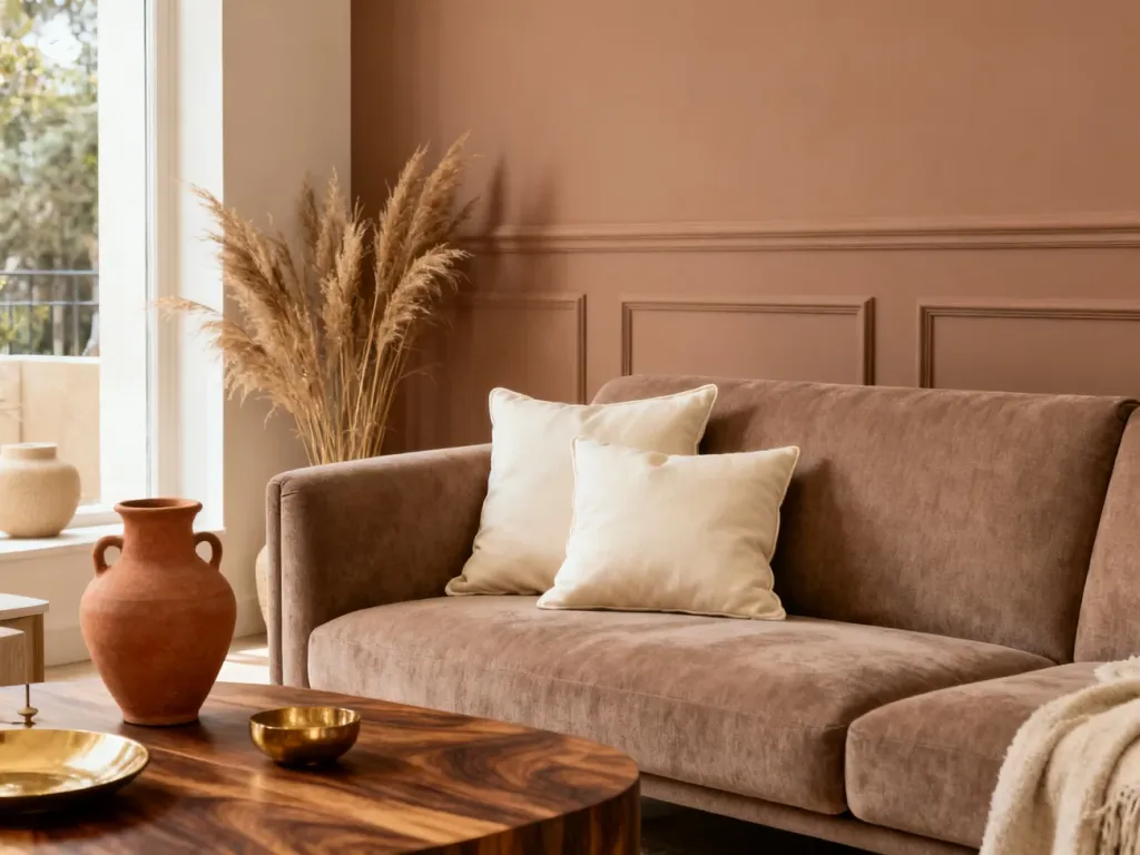 Przytulny salon z akcentem kolorystycznym mocha mousse, beżową sofą oraz dodatkami w odcieniach terakoty i drewna orzechowego.
